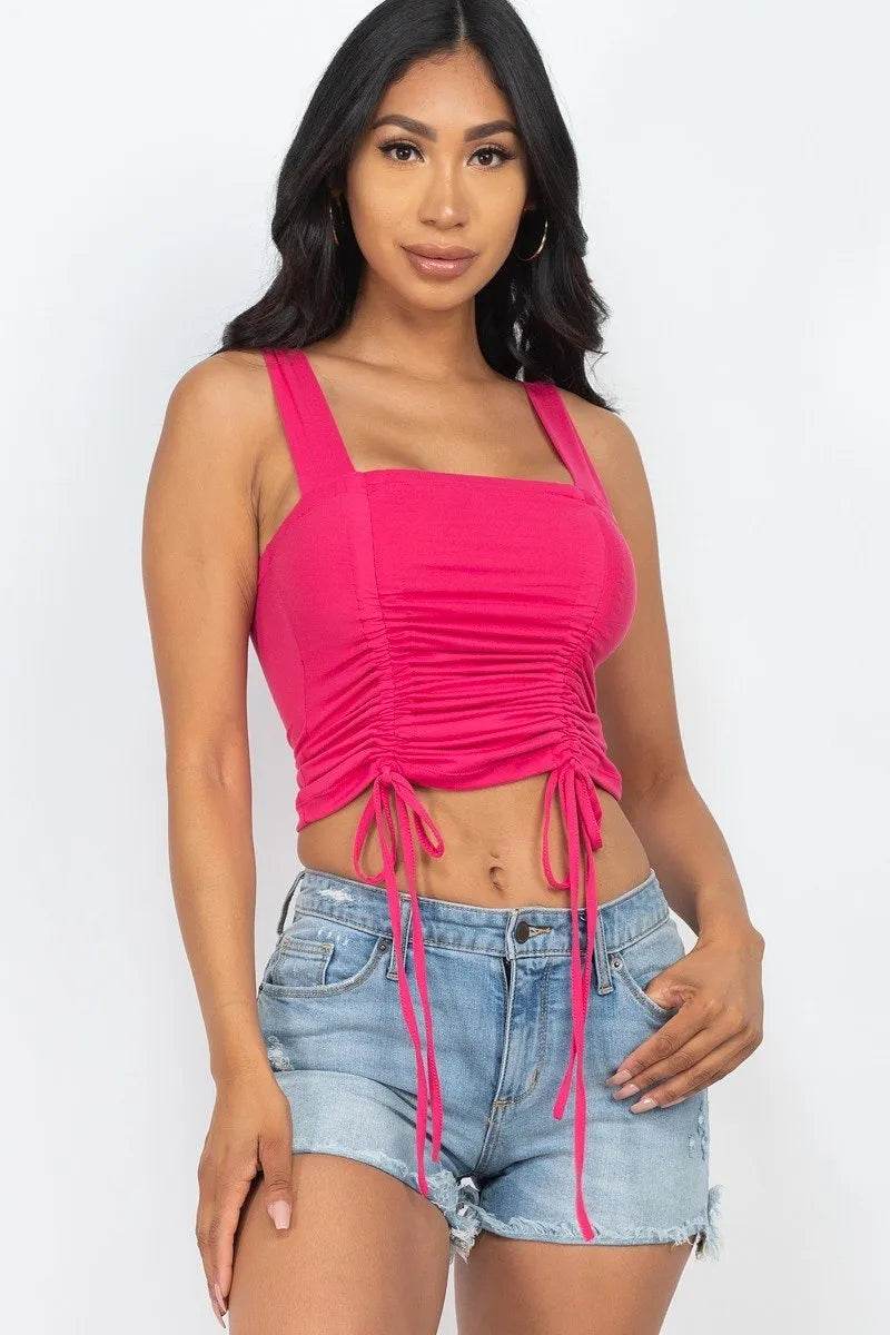 Adjustable Front Ruched With String Square Neck Crop Tops - Bona Fide Fashion