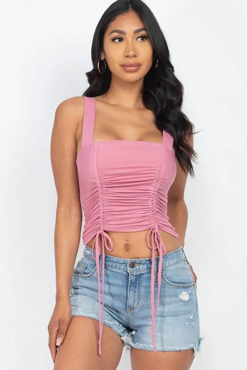 Adjustable Front Ruched With String Square Neck Crop Tops - Bona Fide Fashion
