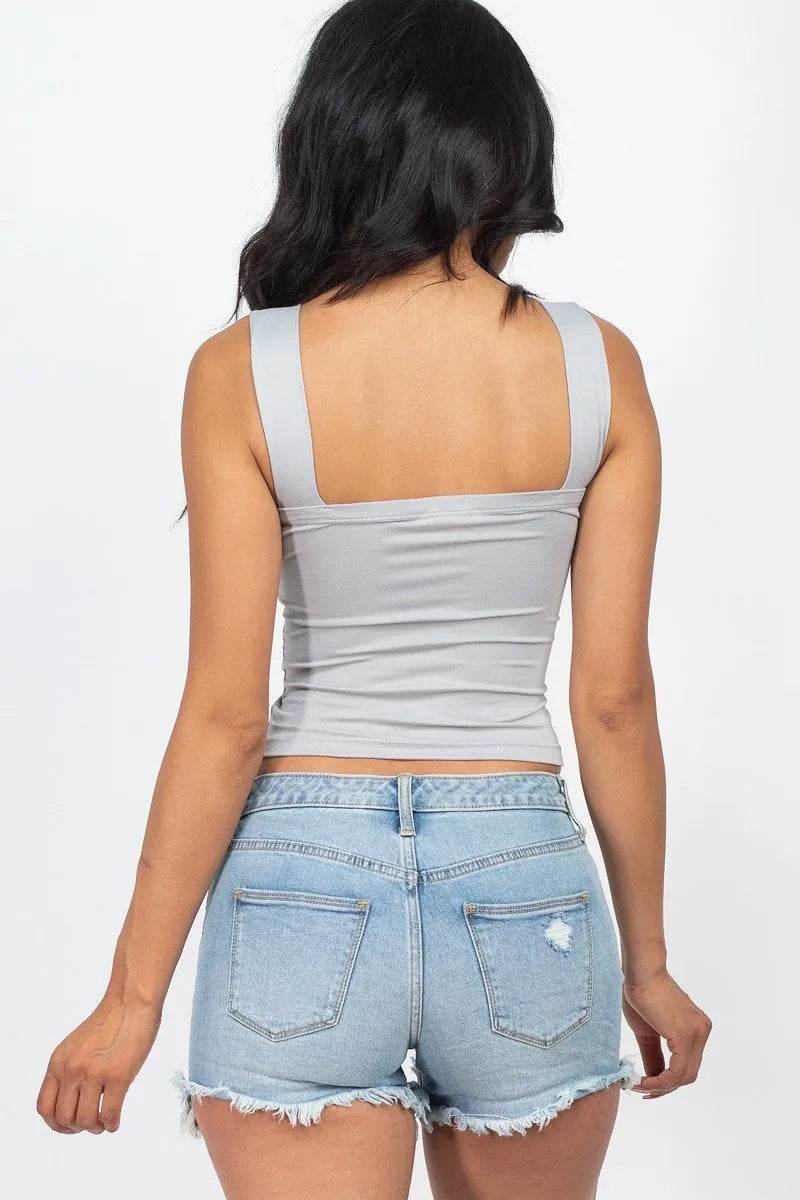 Adjustable Front Ruched With String Square Neck Crop Tops - Bona Fide Fashion