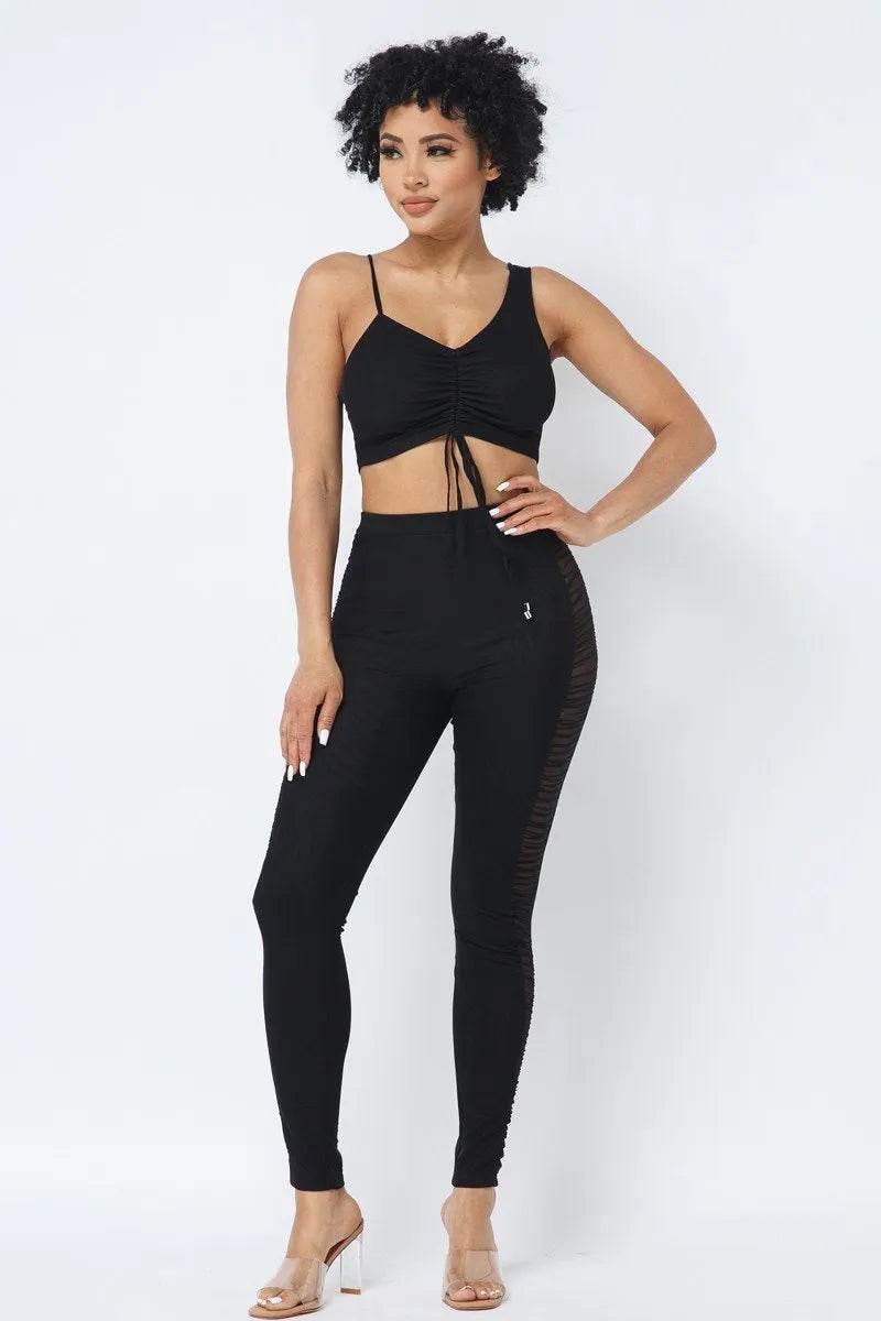 Mesh Strappy Adjustable Ruched Crop Top With Matching See Through Side Panel Leggings - Bona Fide Fashion
