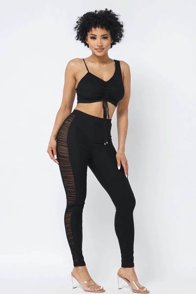 Mesh Strappy Adjustable Ruched Crop Top With Matching See Through Side Panel Leggings - Bona Fide Fashion