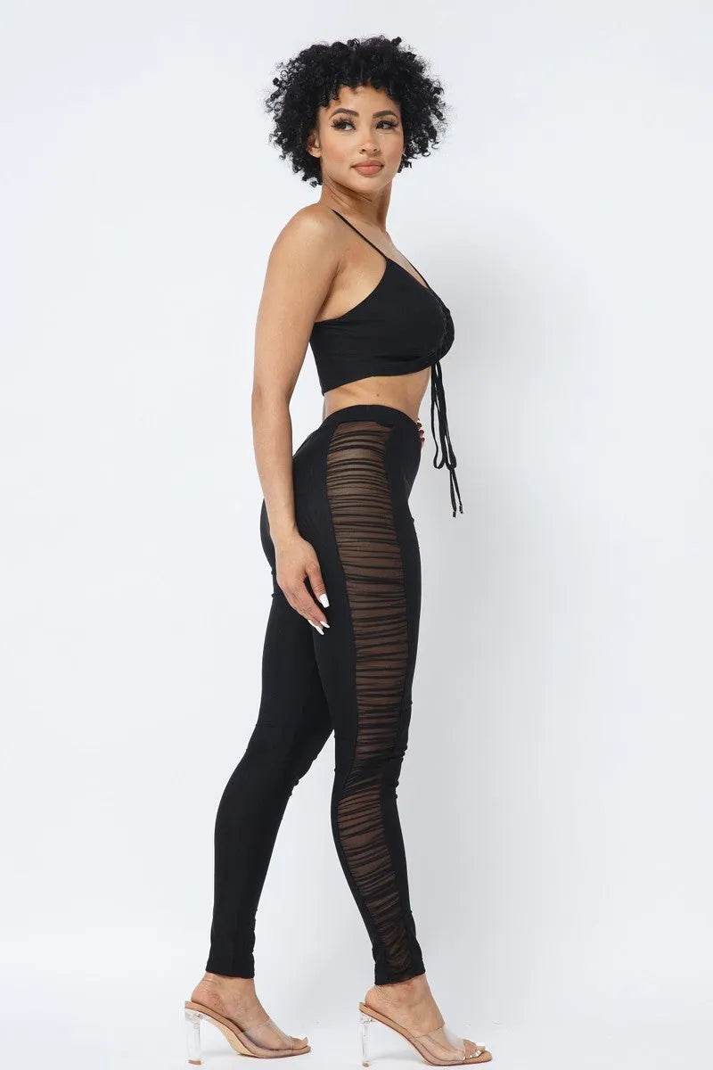 Mesh Strappy Adjustable Ruched Crop Top With Matching See Through Side Panel Leggings - Bona Fide Fashion