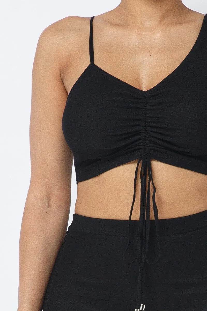 Mesh Strappy Adjustable Ruched Crop Top With Matching See Through Side Panel Leggings - Bona Fide Fashion