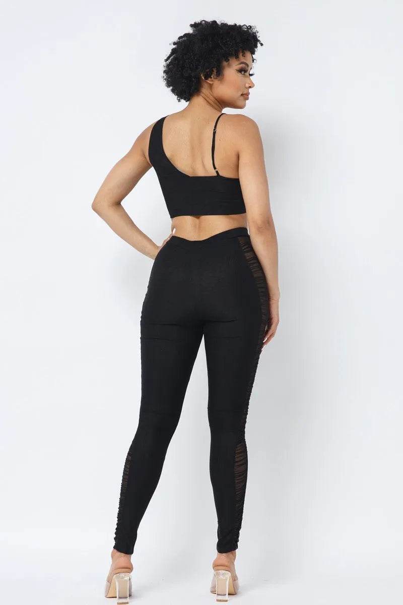 Mesh Strappy Adjustable Ruched Crop Top With Matching See Through Side Panel Leggings - Bona Fide Fashion
