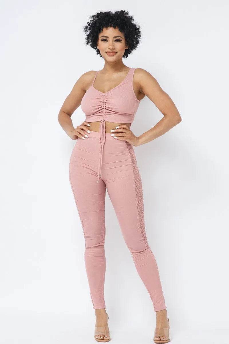 Mesh Strappy Adjustable Ruched Crop Top With Matching See Through Side Panel Leggings - Bona Fide Fashion