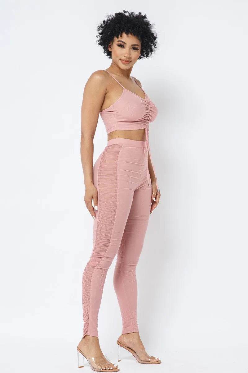 Mesh Strappy Adjustable Ruched Crop Top With Matching See Through Side Panel Leggings - Bona Fide Fashion