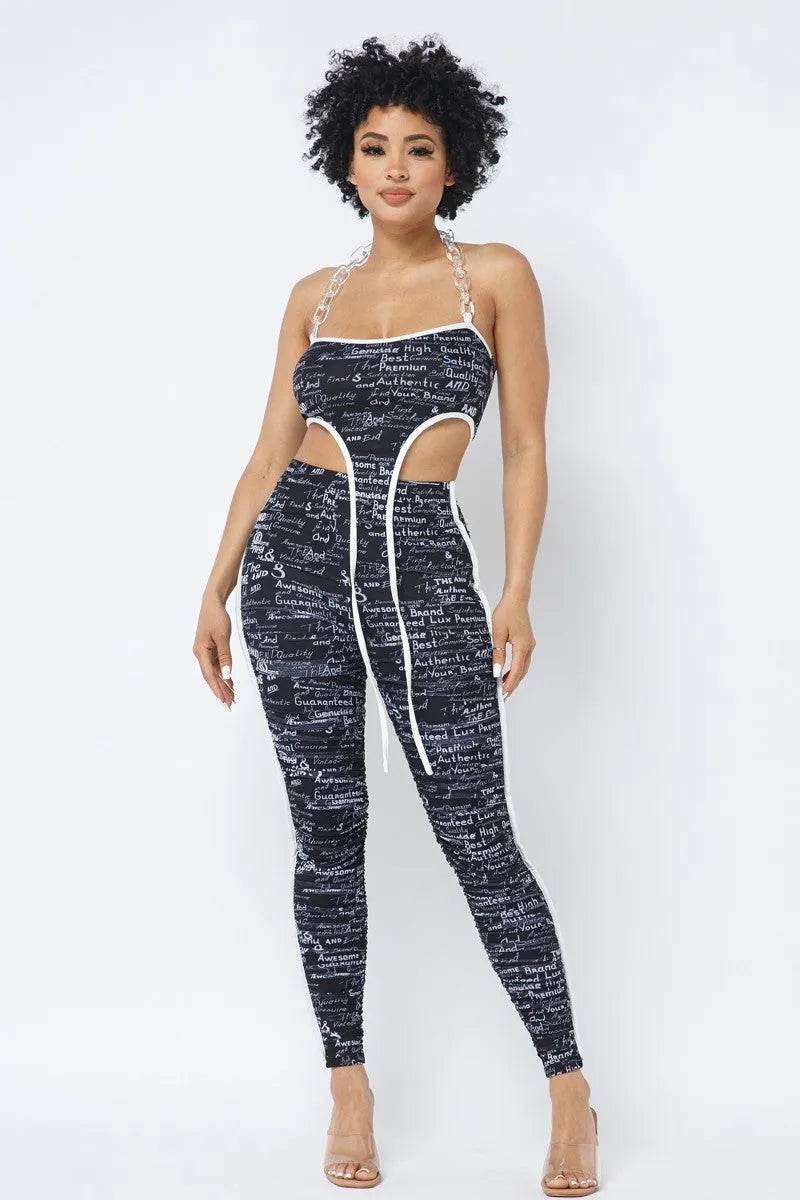 Mesh Print Crop Top With Plastic Chain Halter Neck With Matching Leggings - Bona Fide Fashion