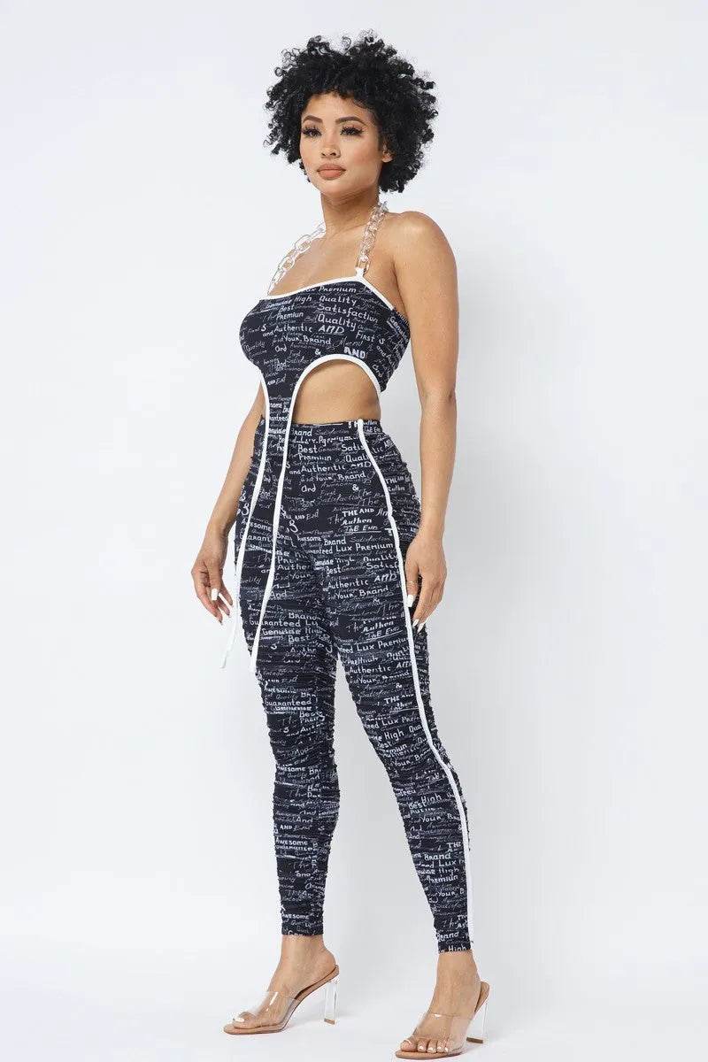 Mesh Print Crop Top With Plastic Chain Halter Neck With Matching Leggings - Bona Fide Fashion