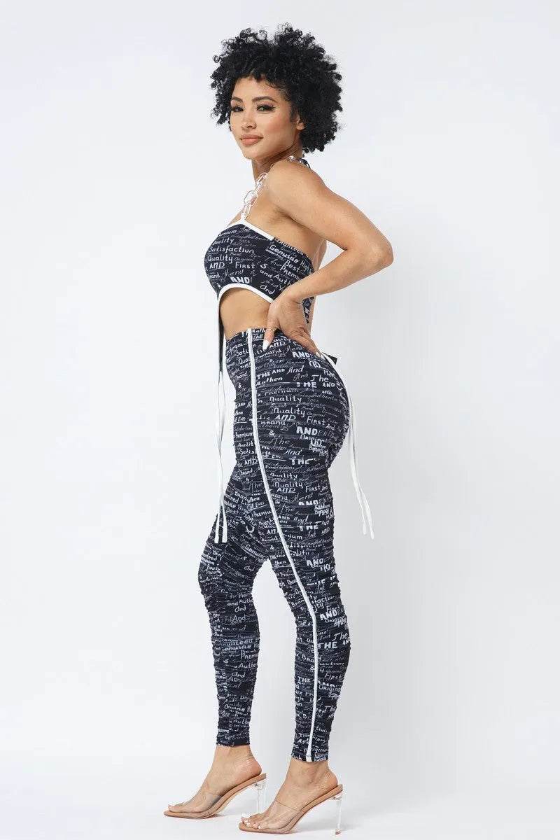 Mesh Print Crop Top With Plastic Chain Halter Neck With Matching Leggings - Bona Fide Fashion