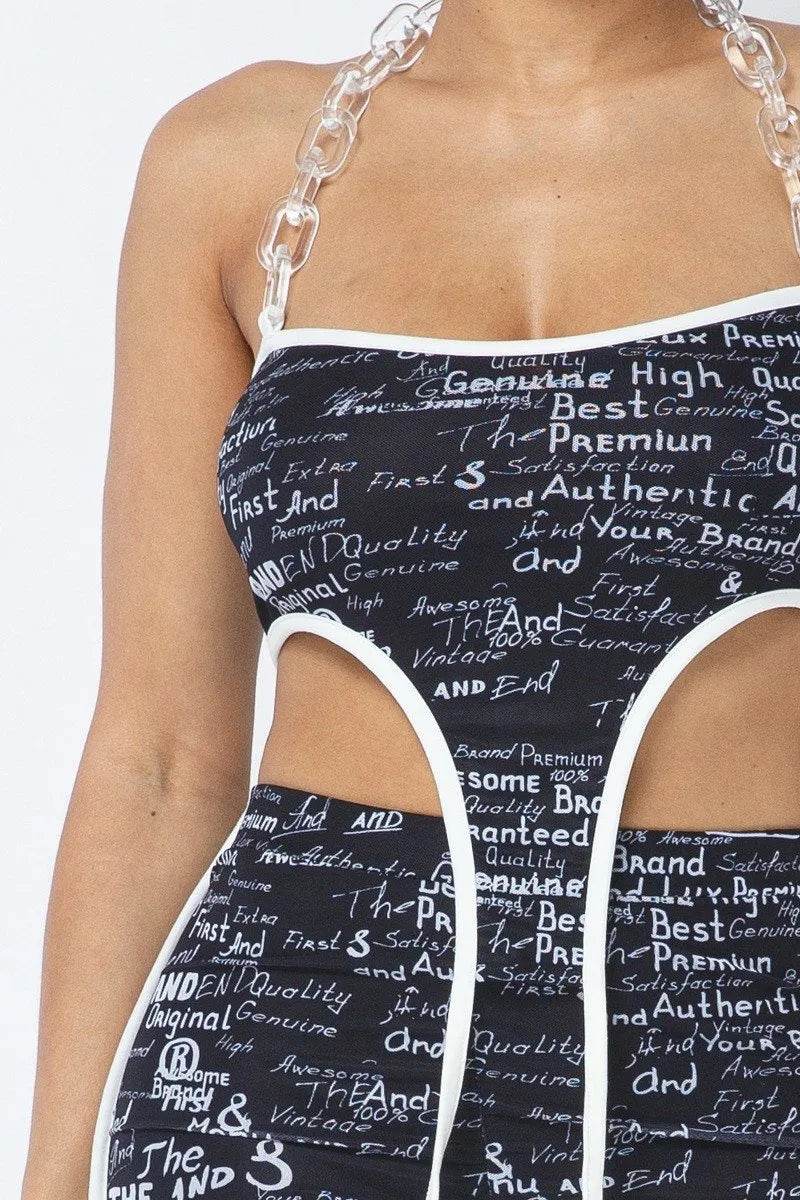Mesh Print Crop Top With Plastic Chain Halter Neck With Matching Leggings - Bona Fide Fashion