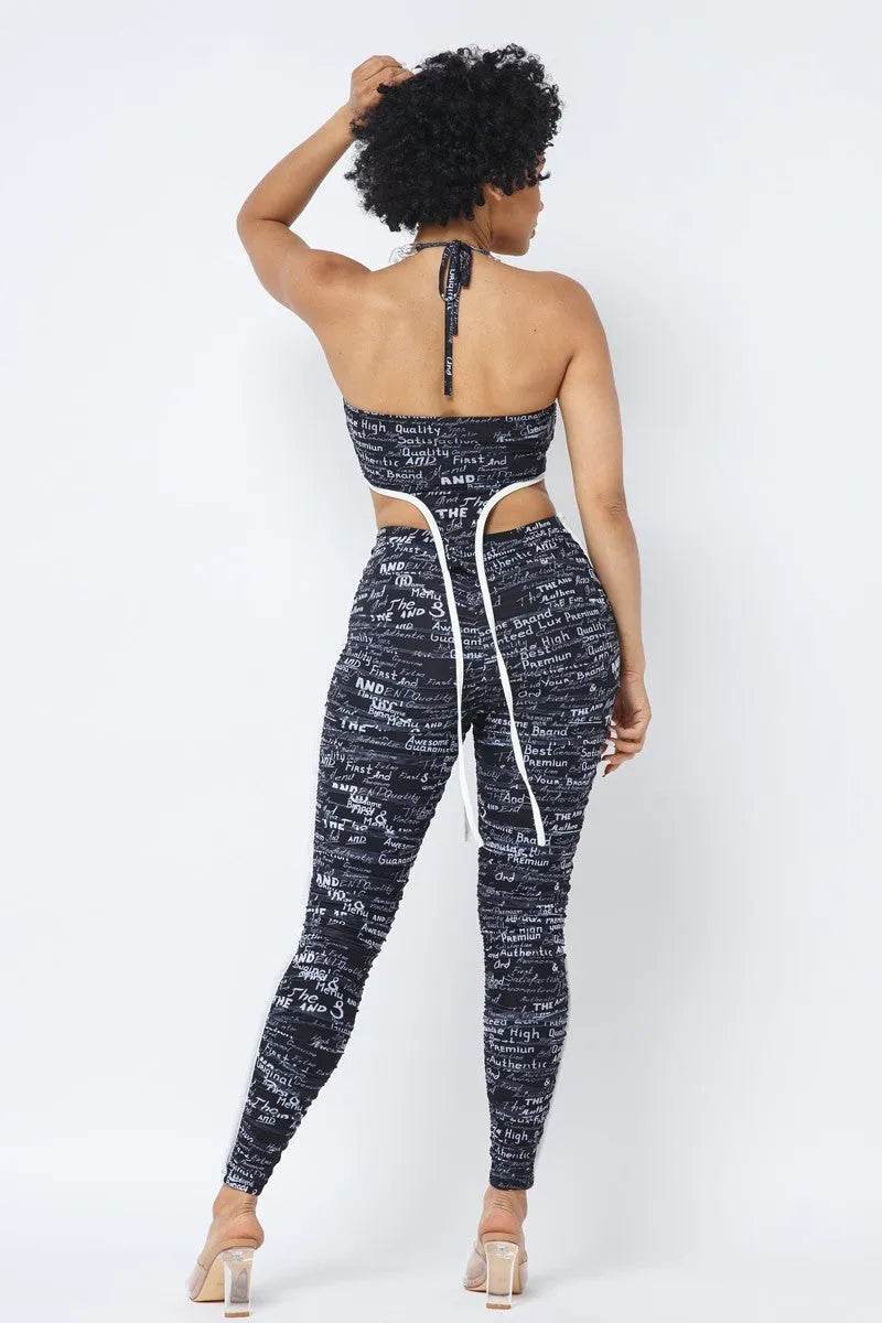 Mesh Print Crop Top With Plastic Chain Halter Neck With Matching Leggings - Bona Fide Fashion