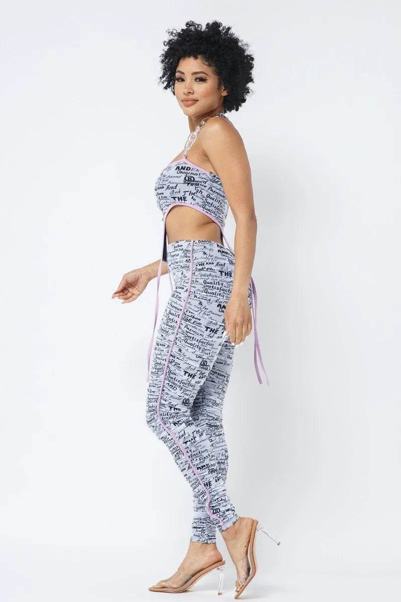 Mesh Print Crop Top With Plastic Chain Halter Neck With Matching Leggings - Bona Fide Fashion