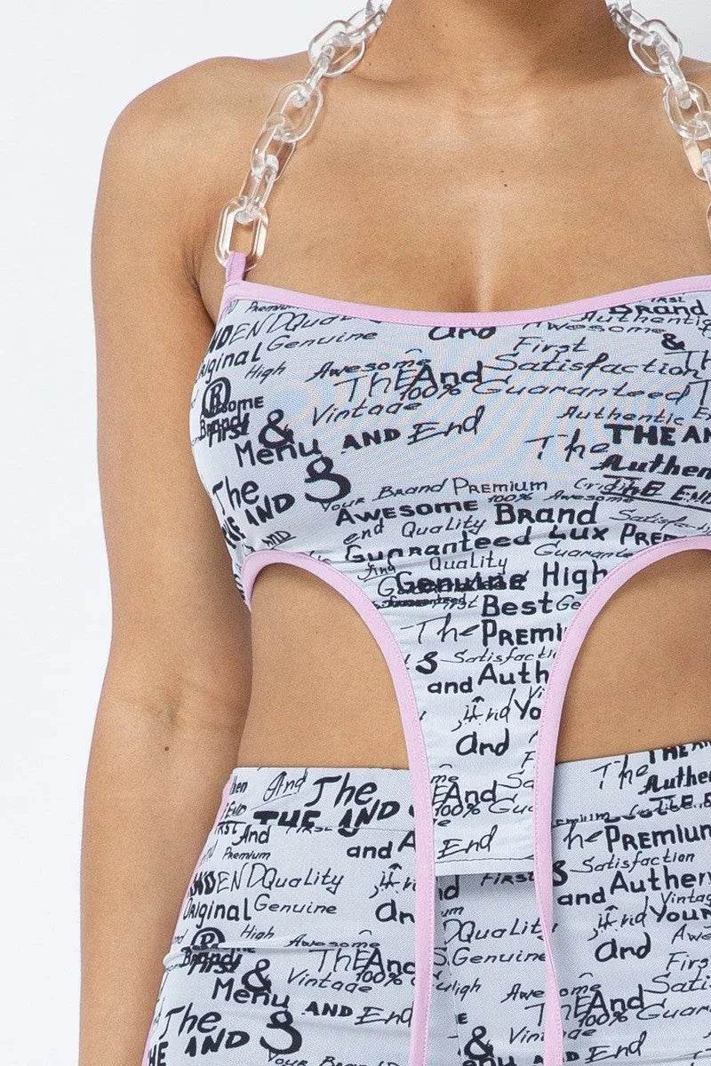Mesh Print Crop Top With Plastic Chain Halter Neck With Matching Leggings - Bona Fide Fashion