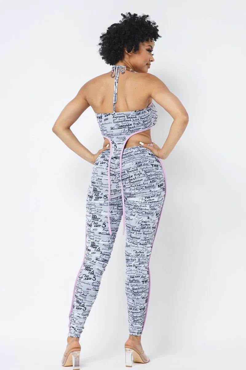 Mesh Print Crop Top With Plastic Chain Halter Neck With Matching Leggings - Bona Fide Fashion