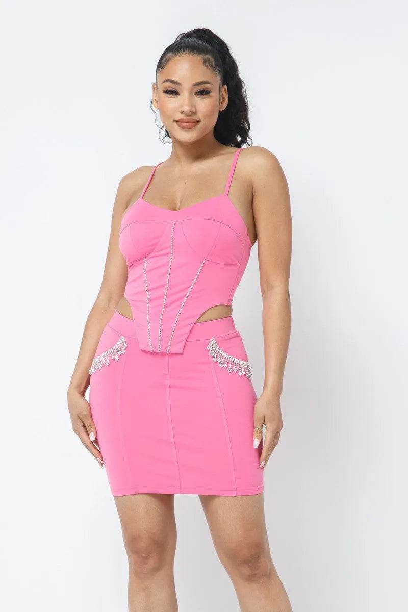 Rhinestone Detailed Strappy Cropped Top With Matching Rhinestone Pocket Detail Mini Skirt - Bona Fide Fashion