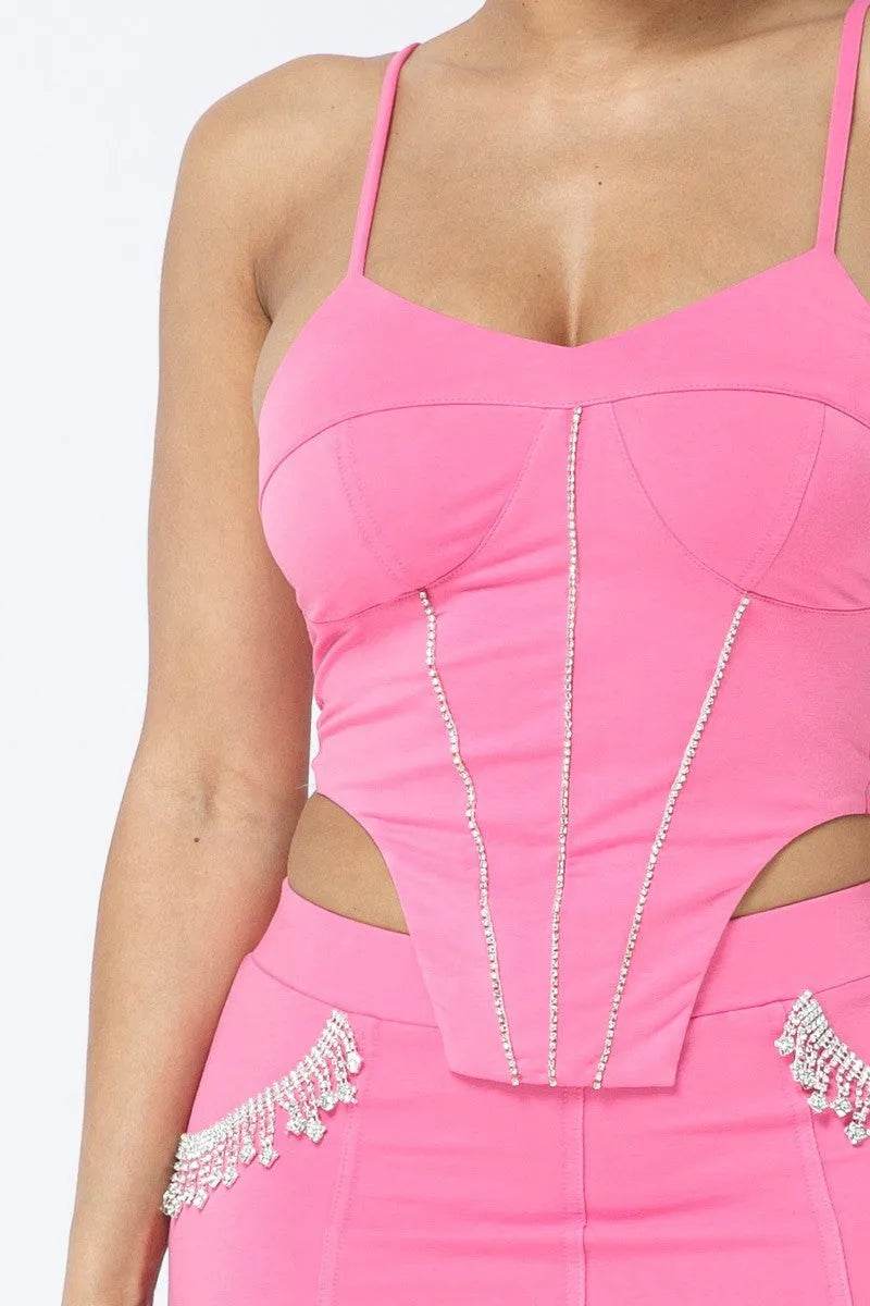 Rhinestone Detailed Strappy Cropped Top With Matching Rhinestone Pocket Detail Mini Skirt - Bona Fide Fashion