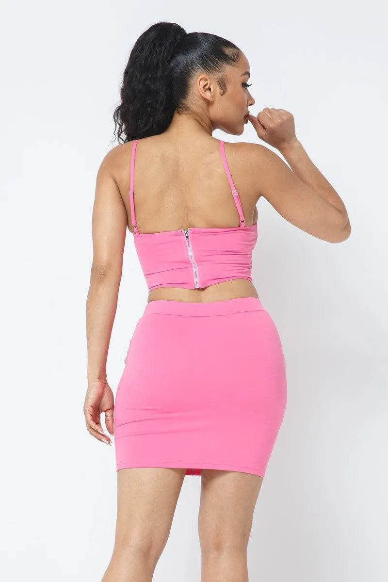 Rhinestone Detailed Strappy Cropped Top With Matching Rhinestone Pocket Detail Mini Skirt - Bona Fide Fashion