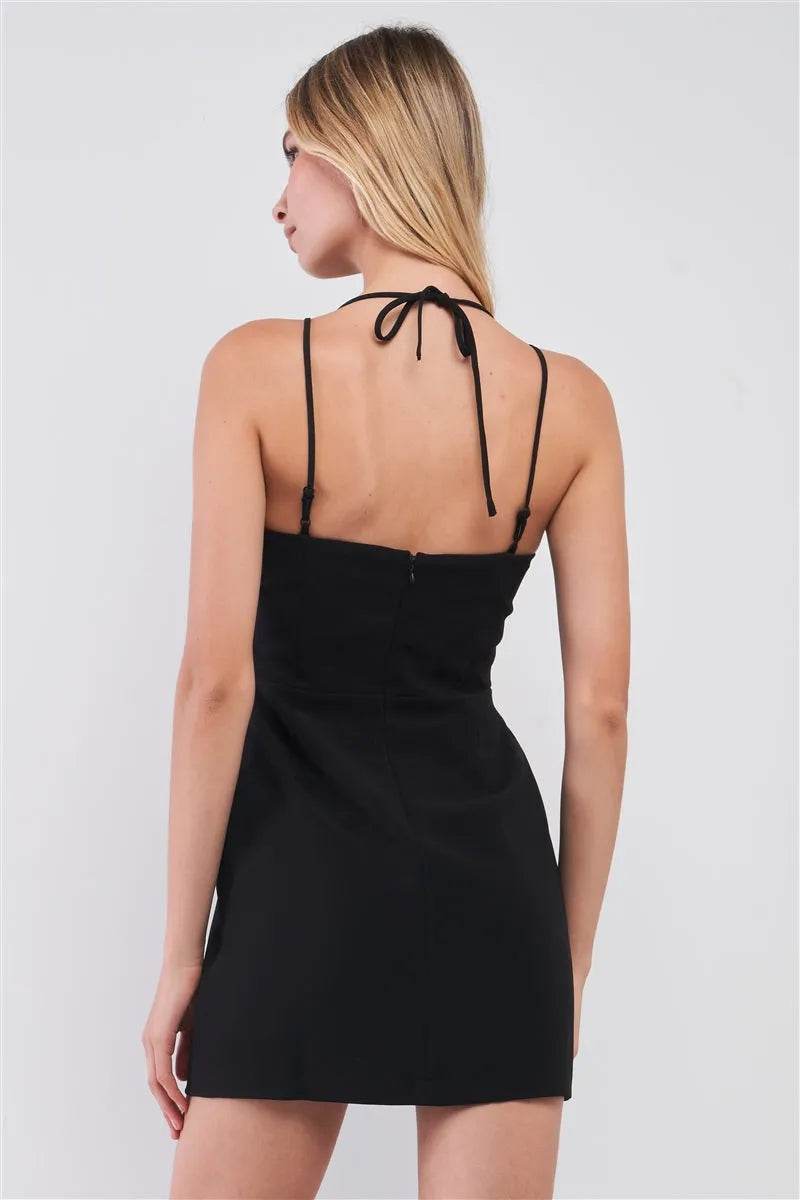 Black Slim Fit Sleeveless V-neck Front Corset Inspired Tie-up Detail Cocktail Mini Dress - Bona Fide Fashion