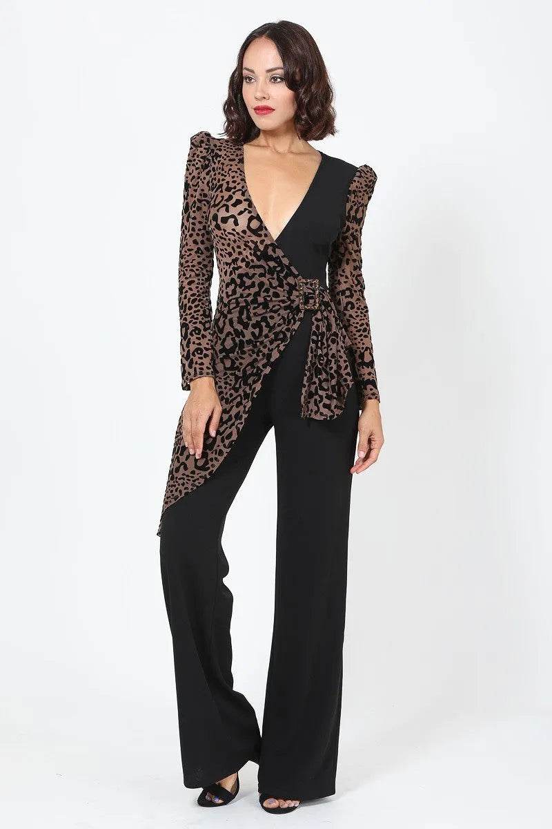 Plunging V Buckle Detail Leopard Jumpsuit - Bona Fide Fashion