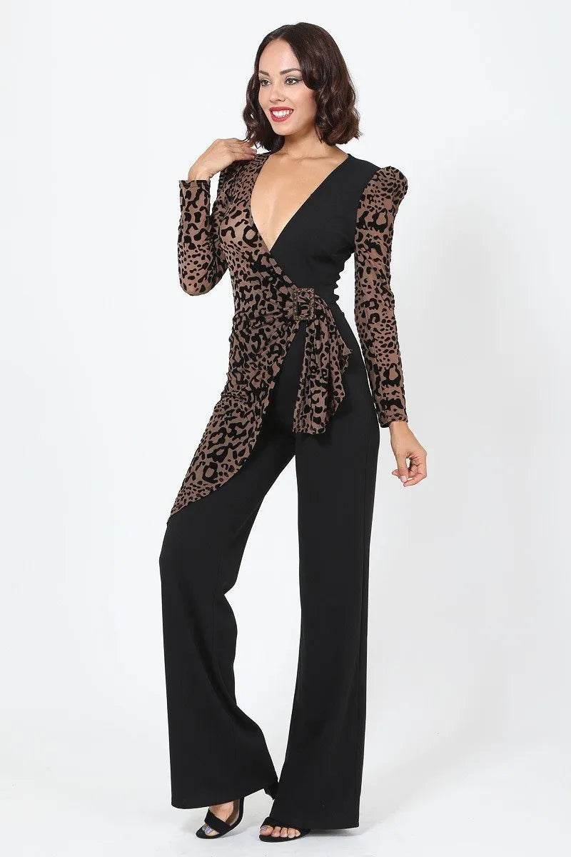 Plunging V Buckle Detail Leopard Jumpsuit - Bona Fide Fashion