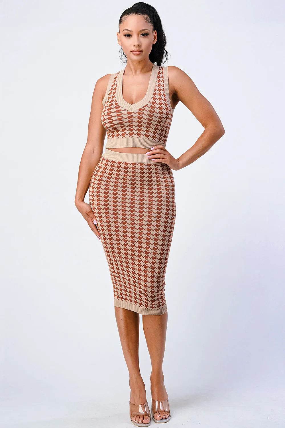 Luxe Gingham Rib Knit Top And Skirt Sets - Bona Fide Fashion