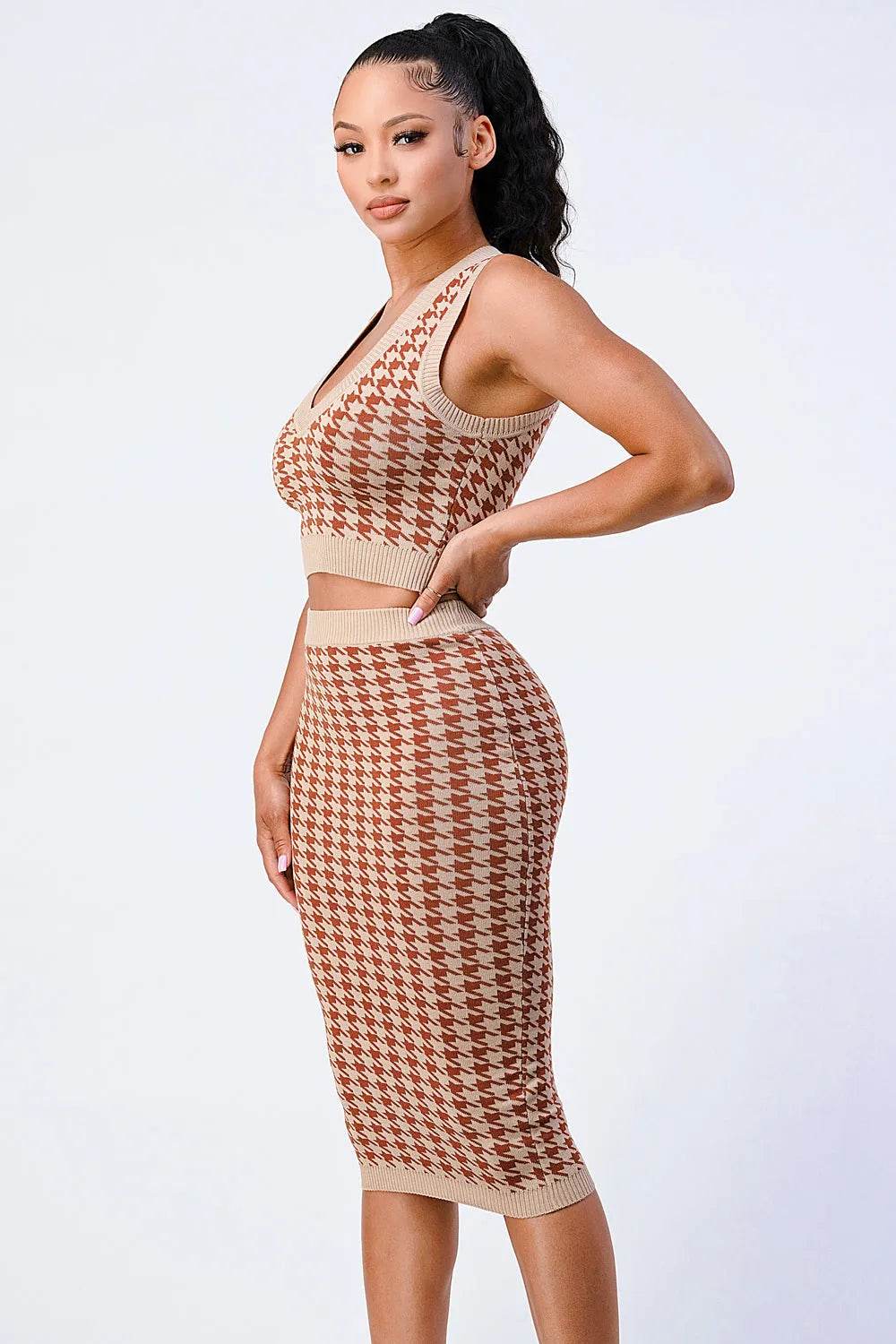 Luxe Gingham Rib Knit Top And Skirt Sets - Bona Fide Fashion
