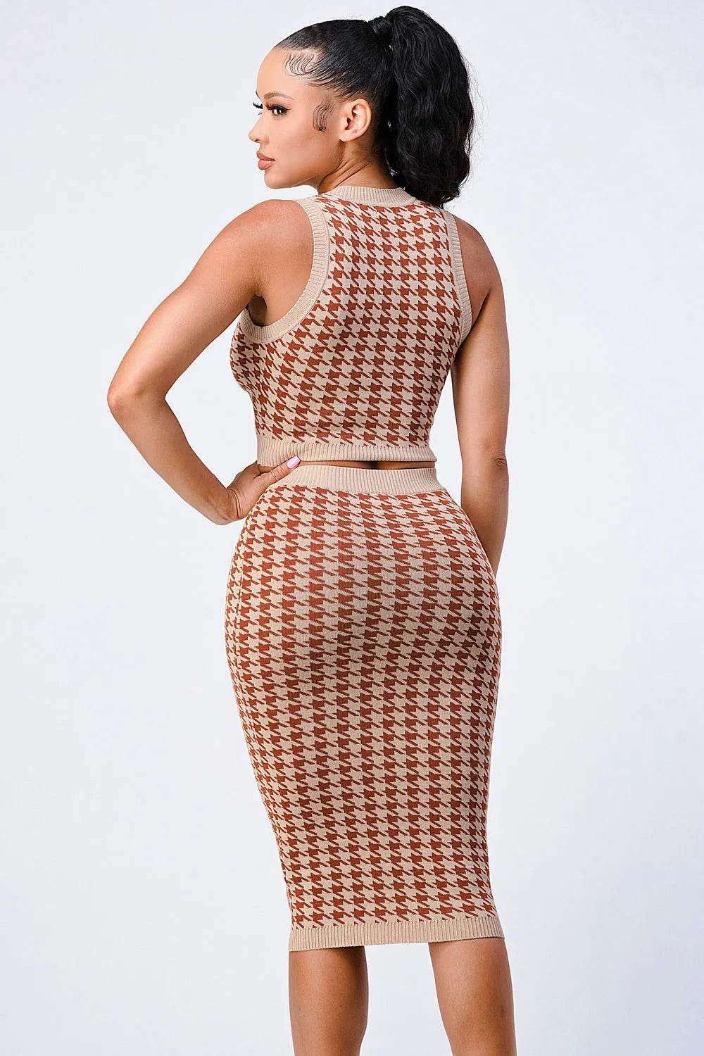 Luxe Gingham Rib Knit Top And Skirt Sets - Bona Fide Fashion