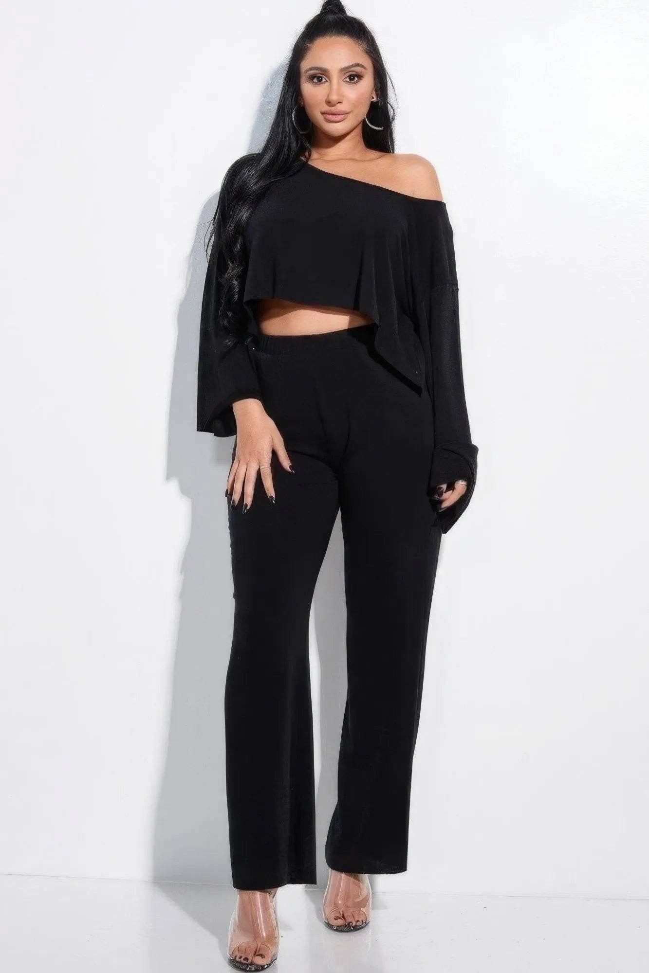 Solid French Terry Long Slouchy Long Sleeve Top And Pants With Pockets Two Piece Set - Bona Fide Fashion