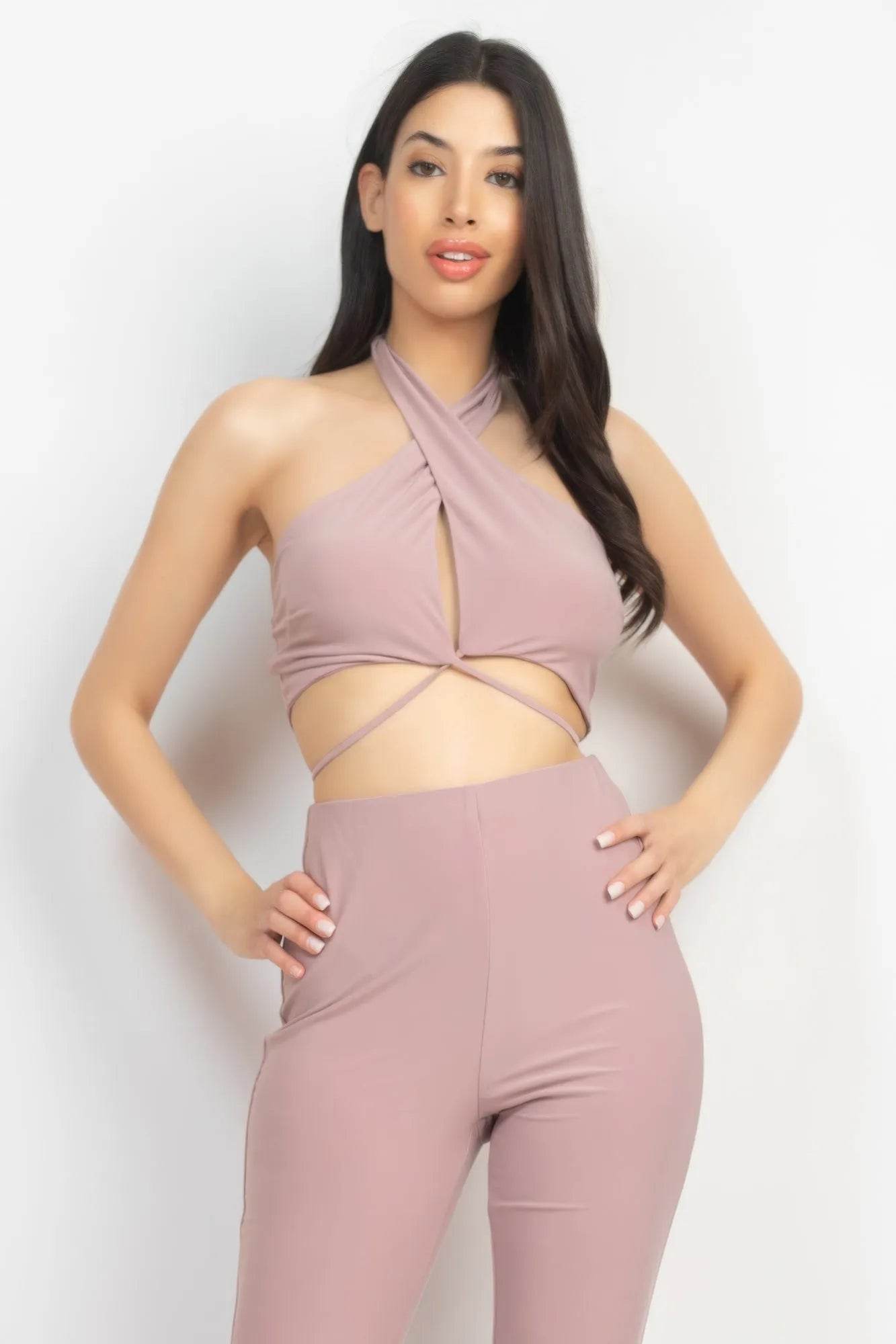 Solid Halter Top And Elastic Leggings Set - Bona Fide Fashion