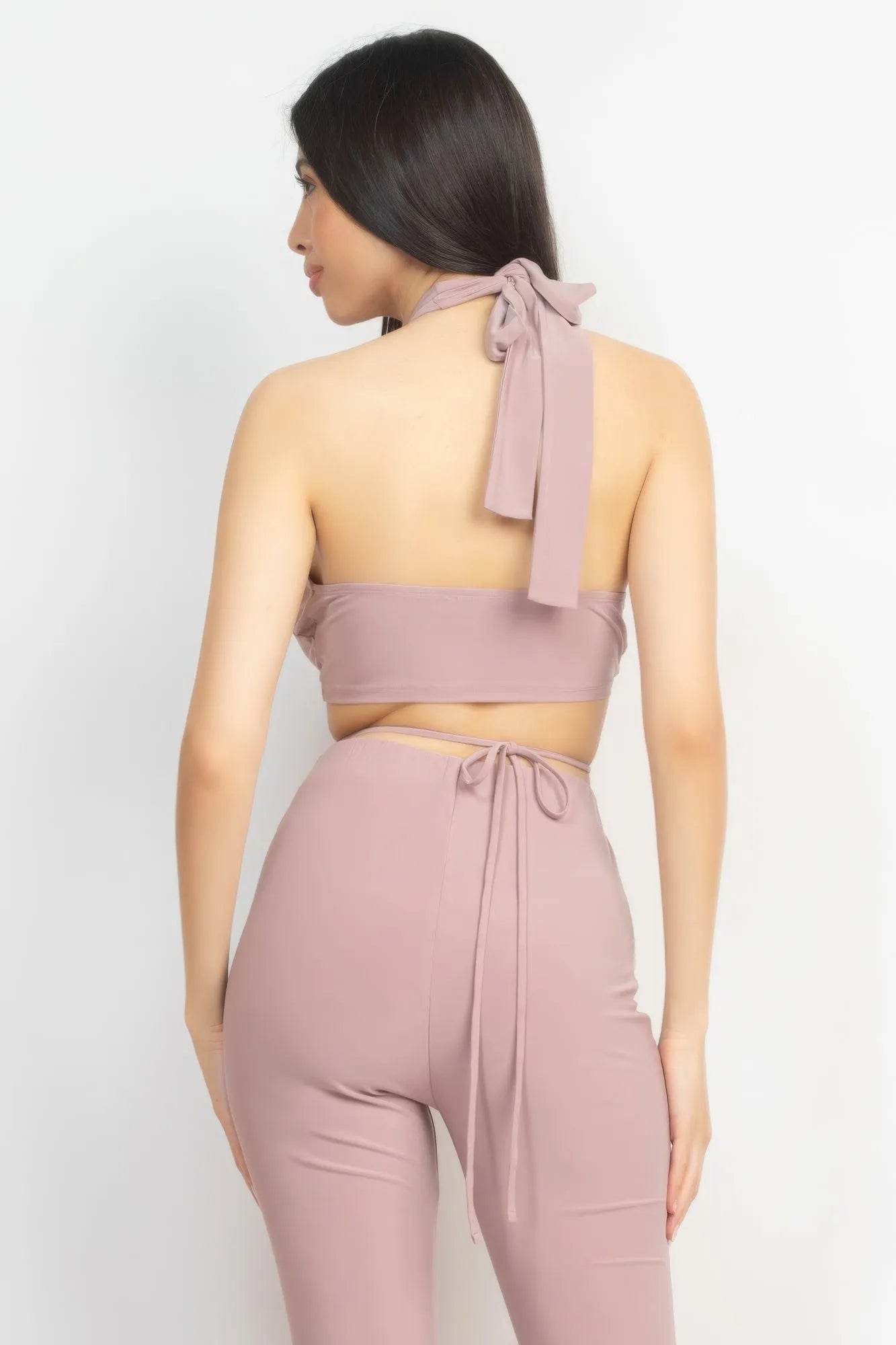 Solid Halter Top And Elastic Leggings Set - Bona Fide Fashion