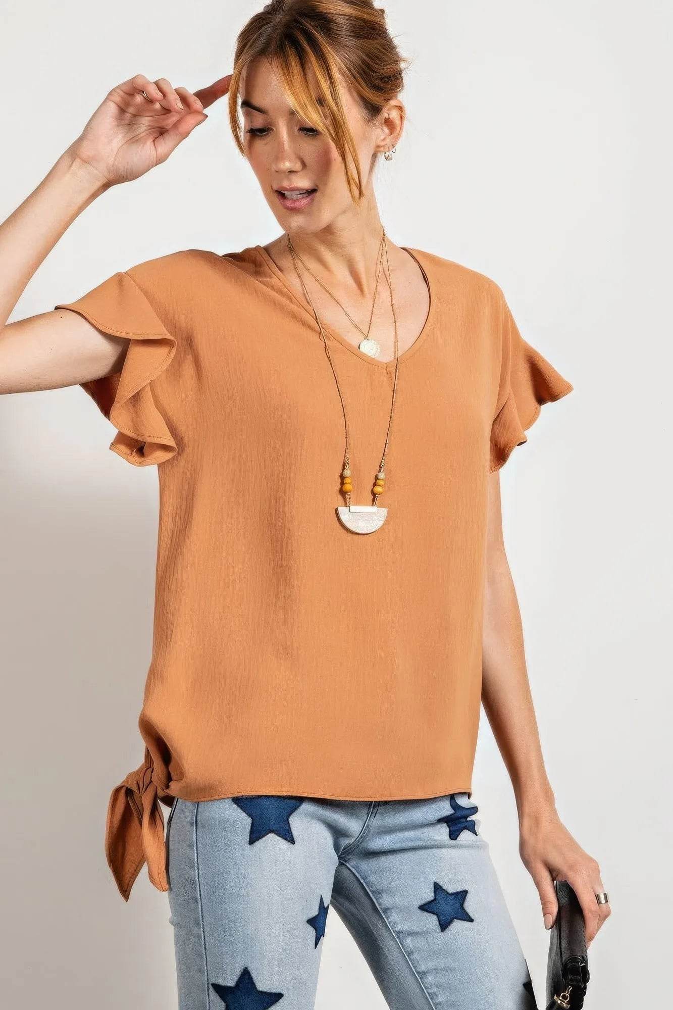 V Neckline Wing Sleeves Woven Top - Bona Fide Fashion