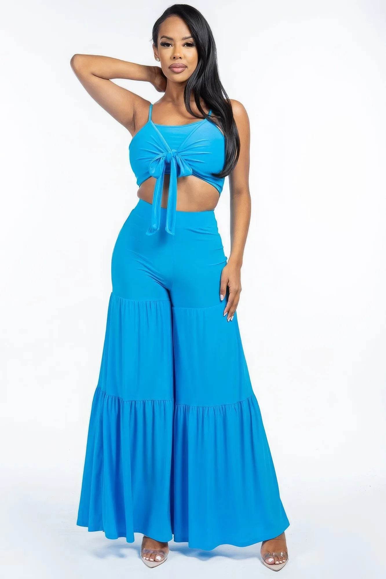 Solid Tie Front Spaghetti Strap Tank Top And Tiered Wide Leg Pants Two Piece Set - Bona Fide Fashion