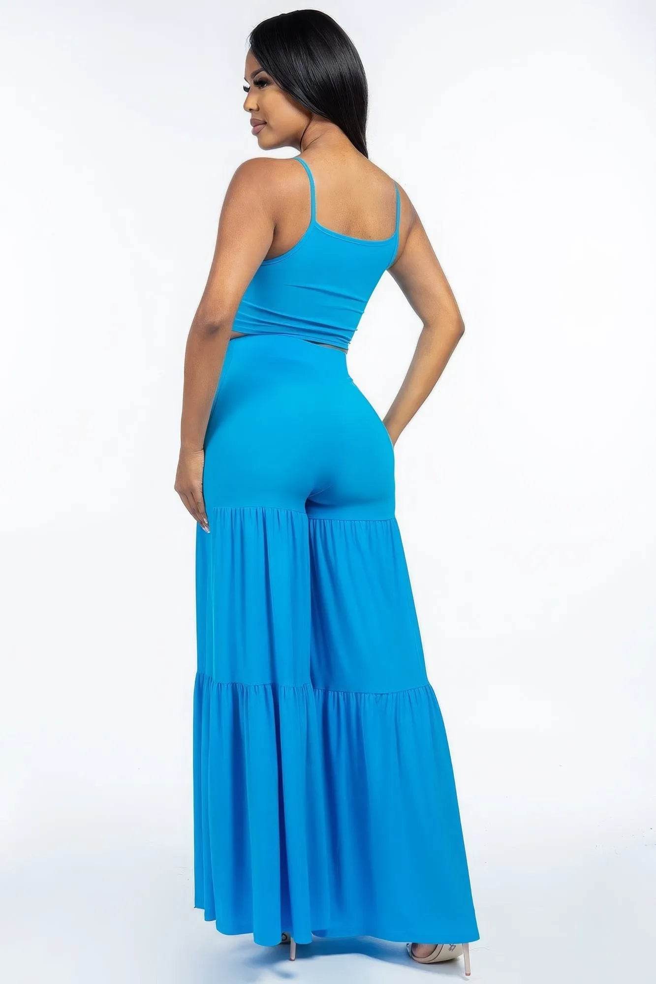 Solid Tie Front Spaghetti Strap Tank Top And Tiered Wide Leg Pants Two Piece Set - Bona Fide Fashion
