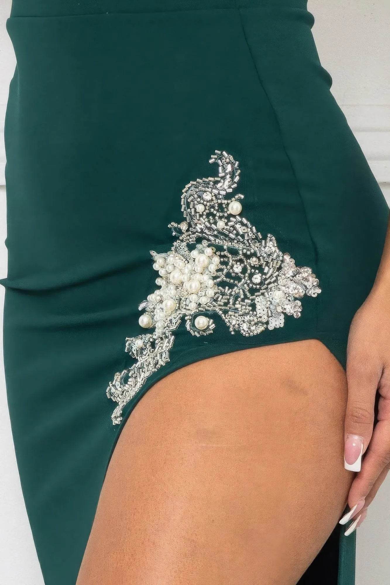 Beaded Embroidered Near Slit Detail Maxi Ddress - Bona Fide Fashion