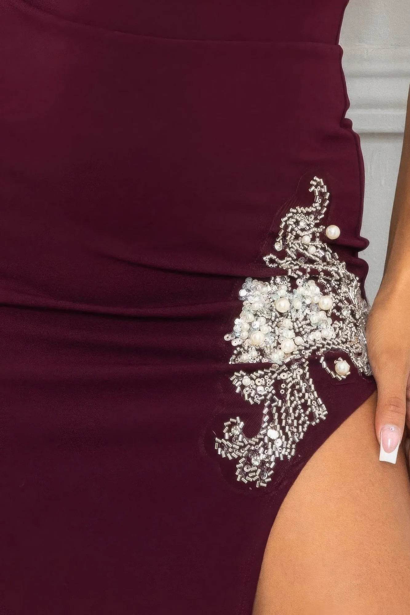 Beaded Embroidered Near Slit Detail Maxi Ddress - Bona Fide Fashion