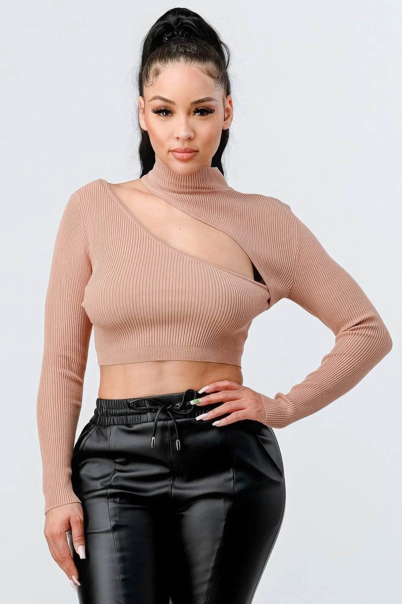Lux Sweater Rib Cutout Mock Neck Crop Top - Bona Fide Fashion