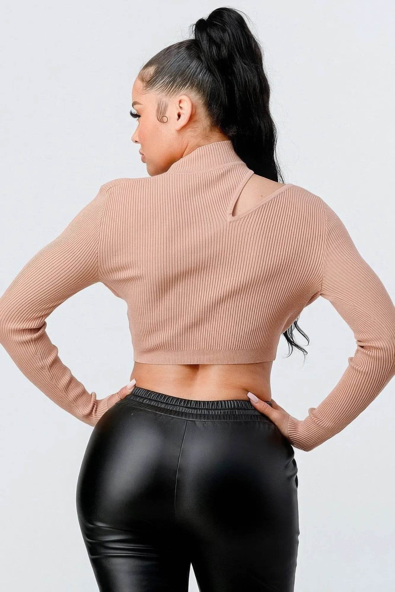 Lux Sweater Rib Cutout Mock Neck Crop Top - Bona Fide Fashion