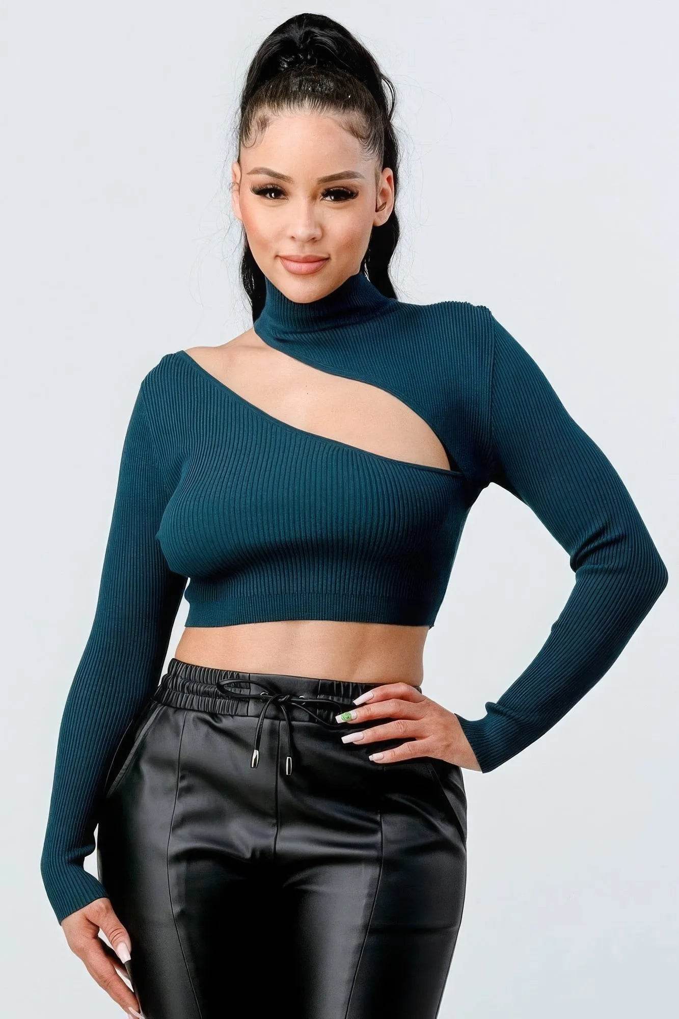 Lux Sweater Rib Cutout Mock Neck Crop Top - Bona Fide Fashion
