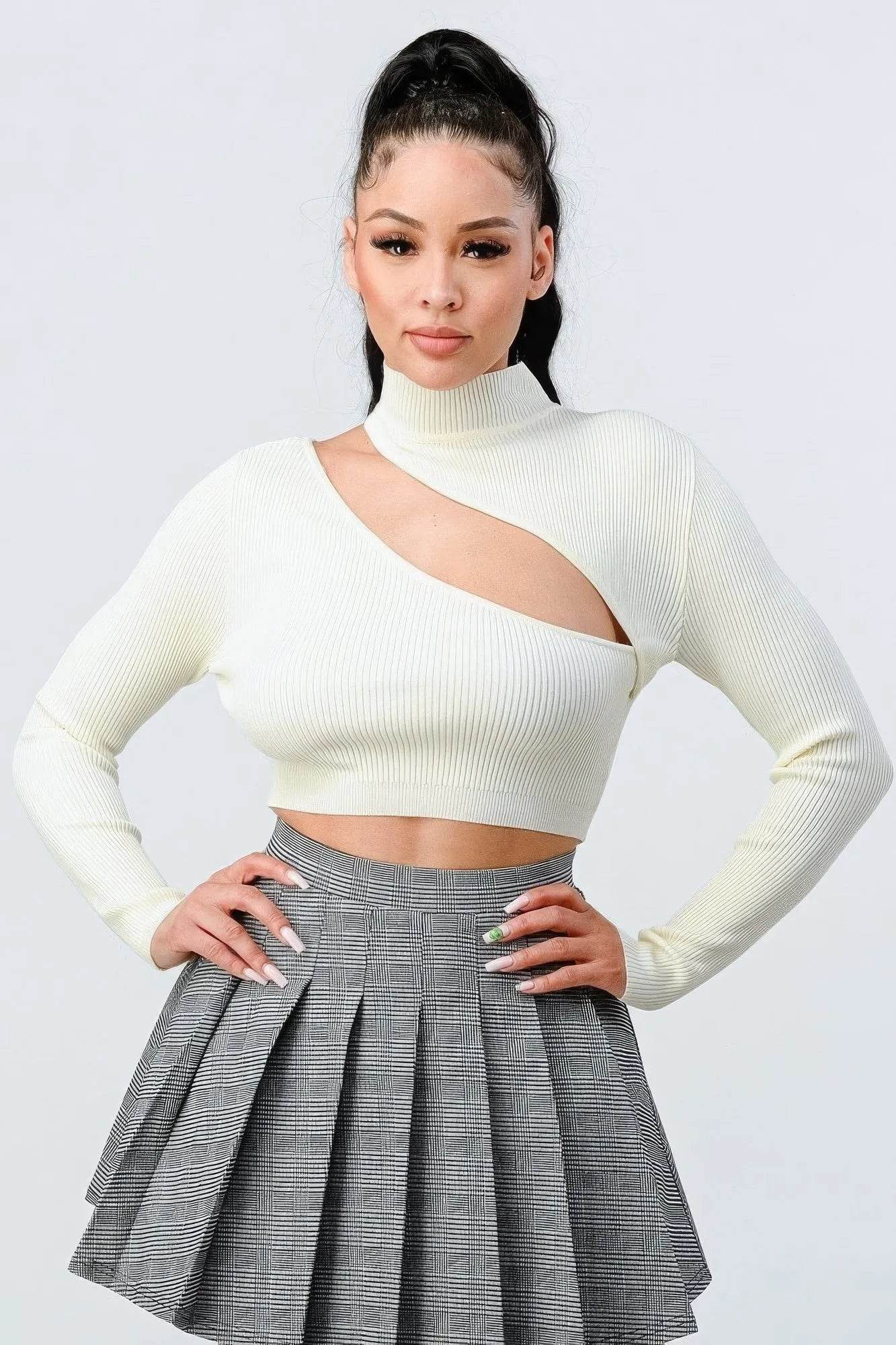Lux Sweater Rib Cutout Mock Neck Crop Top - Bona Fide Fashion