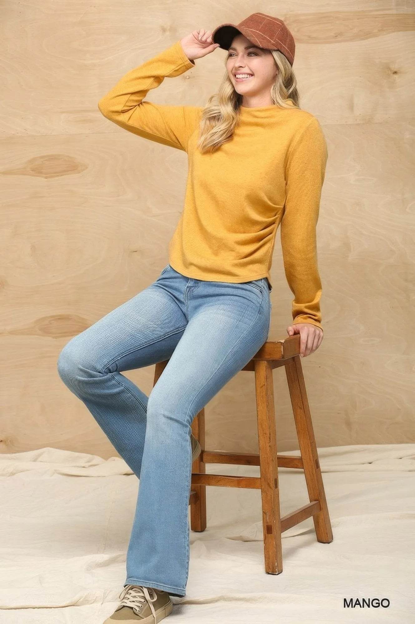 Solid And Cozy Soft Knit Mock Neck Top With Side Ruched Detail - Bona Fide Fashion