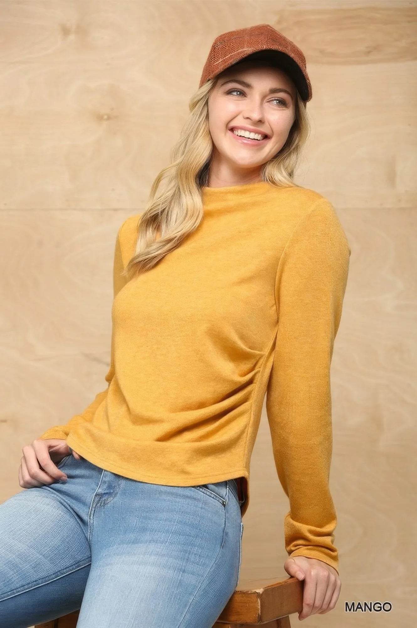 Solid And Cozy Soft Knit Mock Neck Top With Side Ruched Detail - Bona Fide Fashion