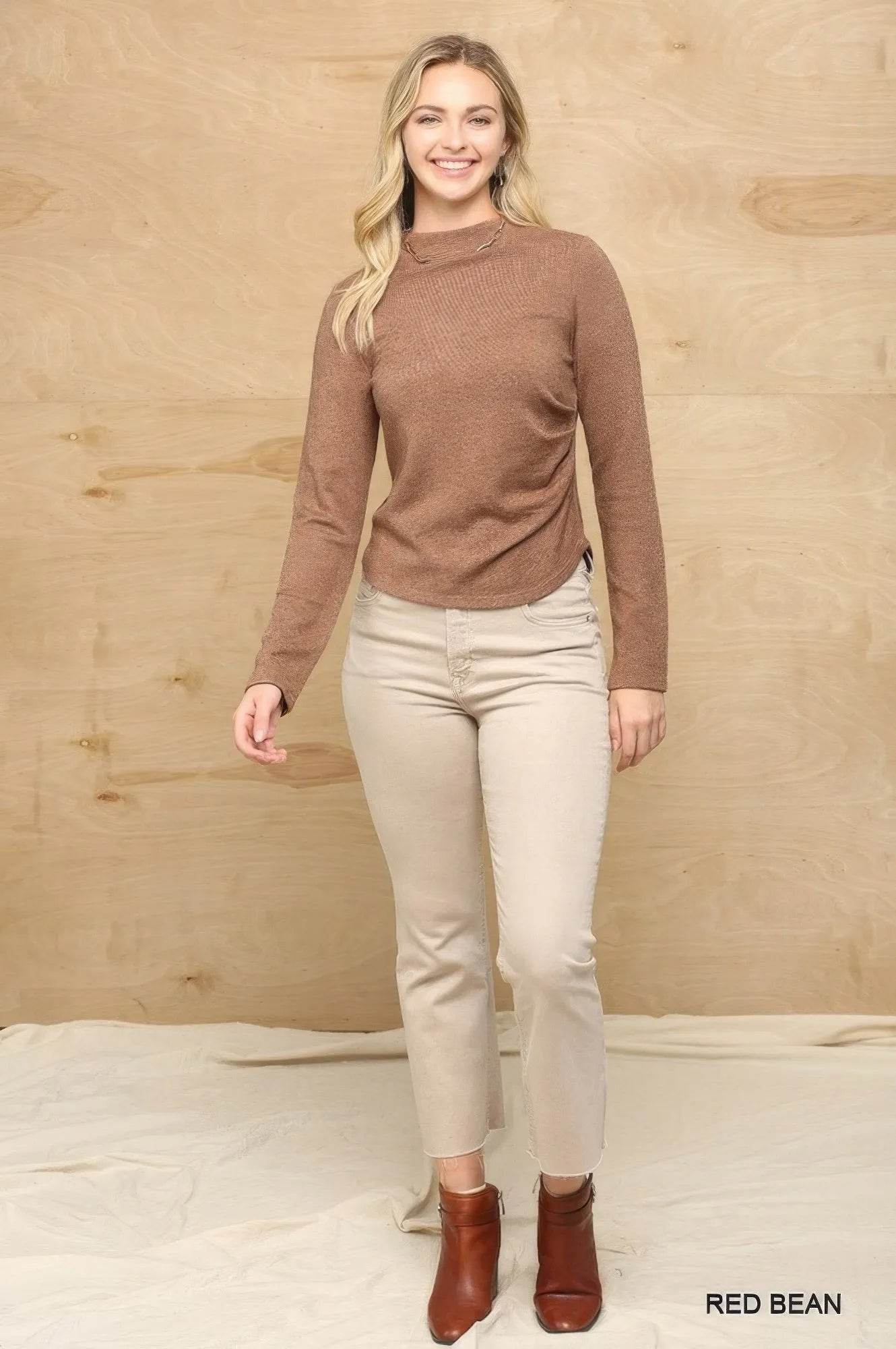 Solid And Cozy Soft Knit Mock Neck Top With Side Ruched Detail - Bona Fide Fashion