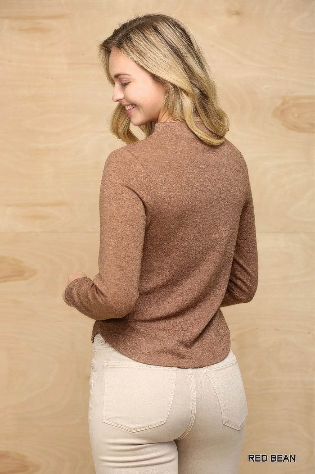 Solid And Cozy Soft Knit Mock Neck Top With Side Ruched Detail - Bona Fide Fashion