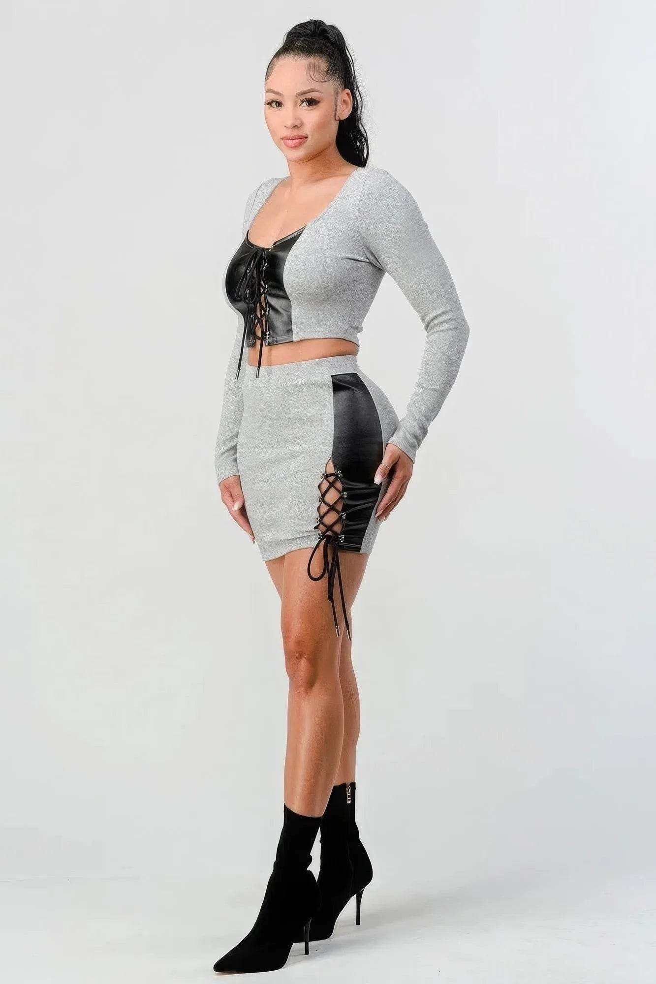 2 Piece Set With Cropped Long Sleeve Shirt With Pu Leather Detail Matching Mini Skirt - Bona Fide Fashion