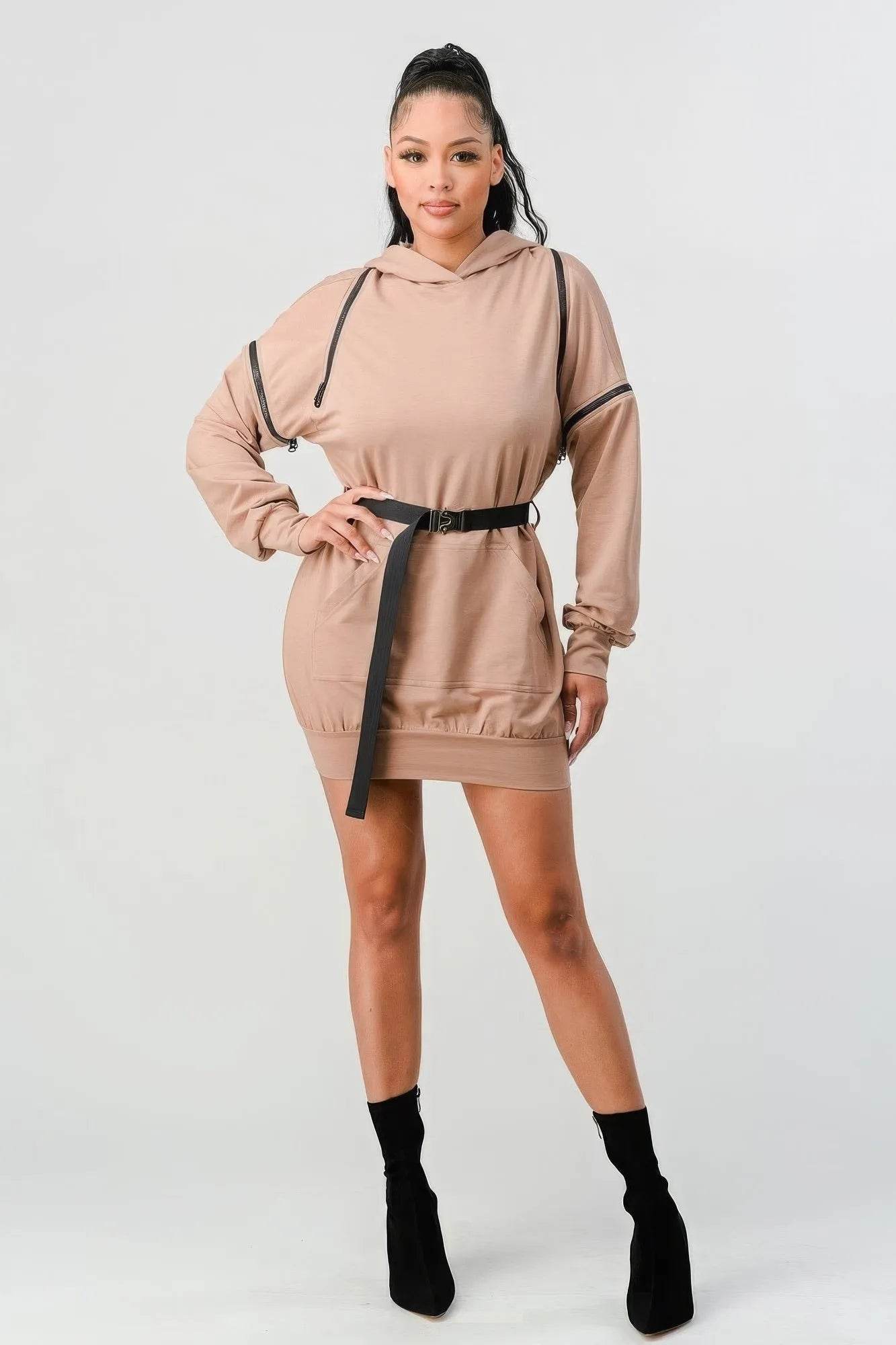 Double Zipper Long Sleeve Hooded Mini Dress - Bona Fide Fashion
