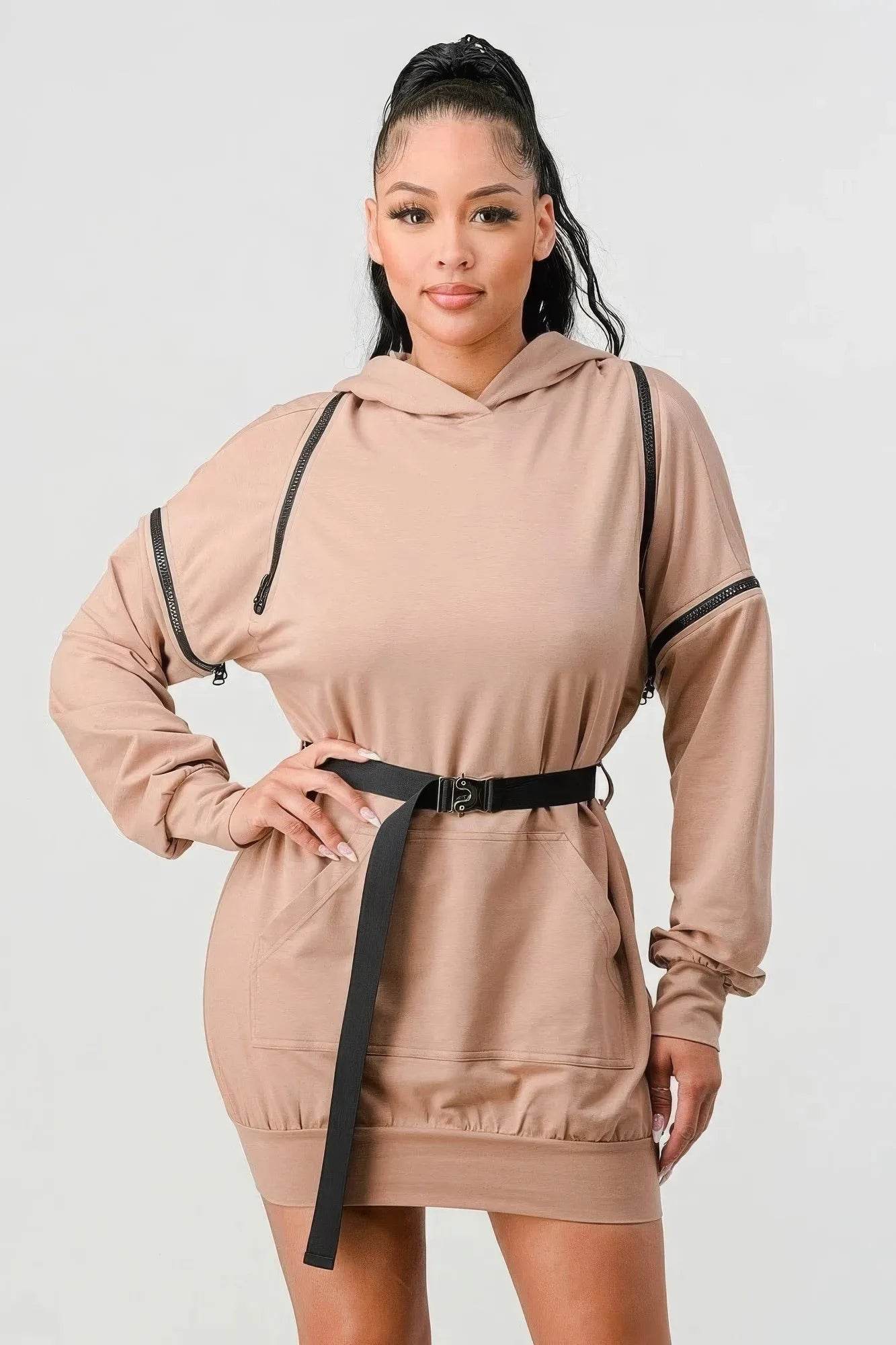 Double Zipper Long Sleeve Hooded Mini Dress - Bona Fide Fashion