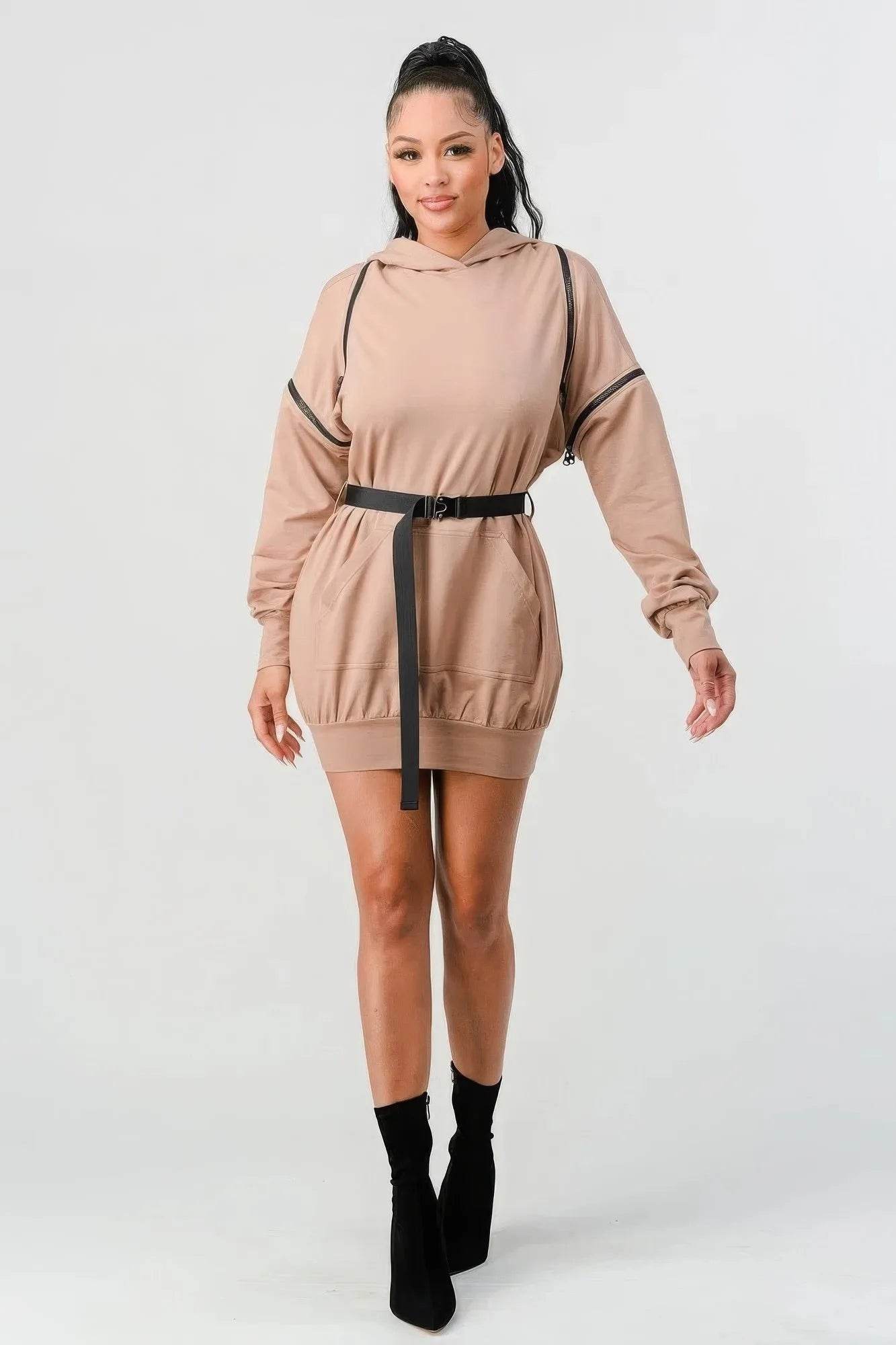 Double Zipper Long Sleeve Hooded Mini Dress - Bona Fide Fashion