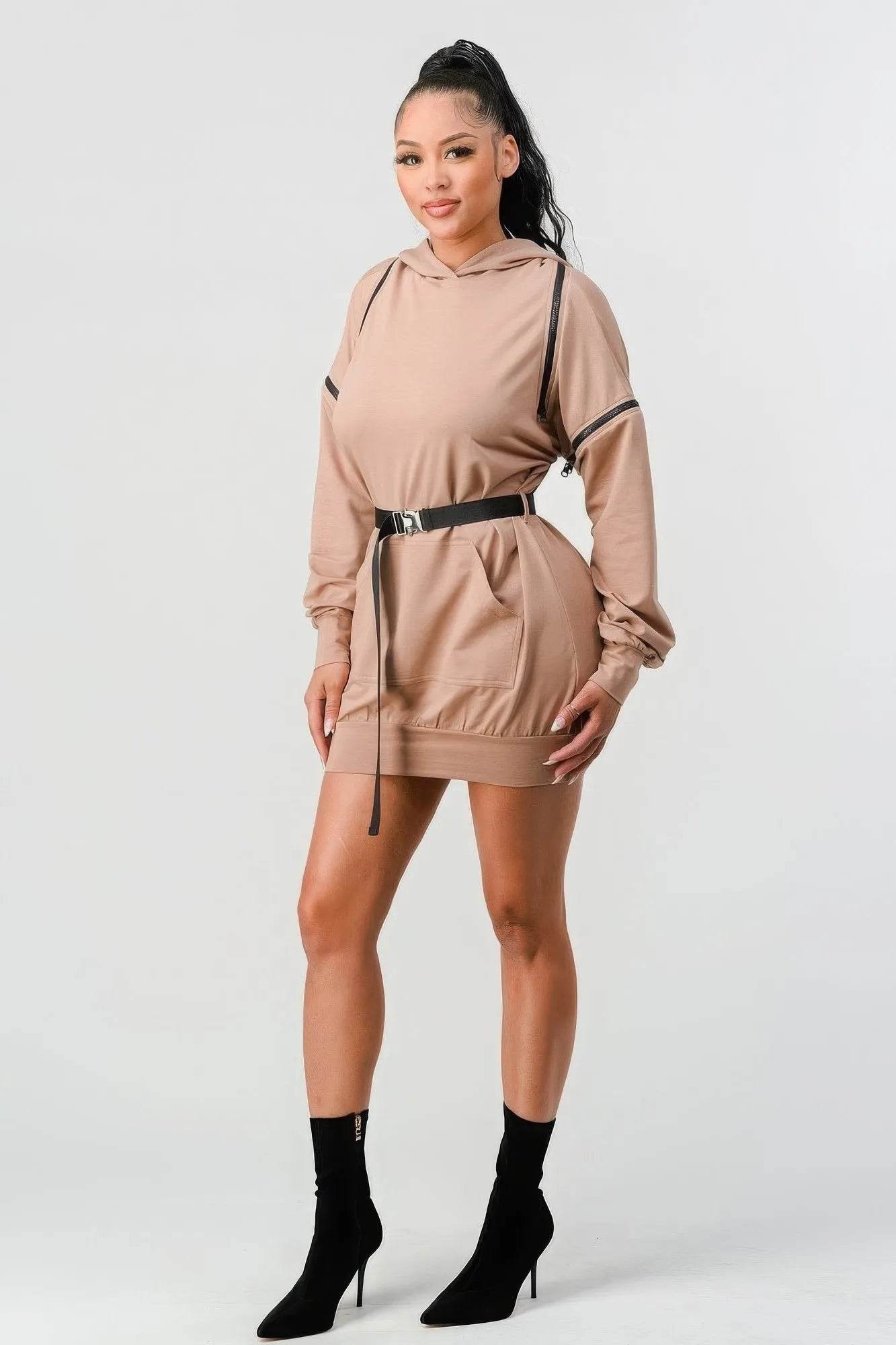 Double Zipper Long Sleeve Hooded Mini Dress - Bona Fide Fashion