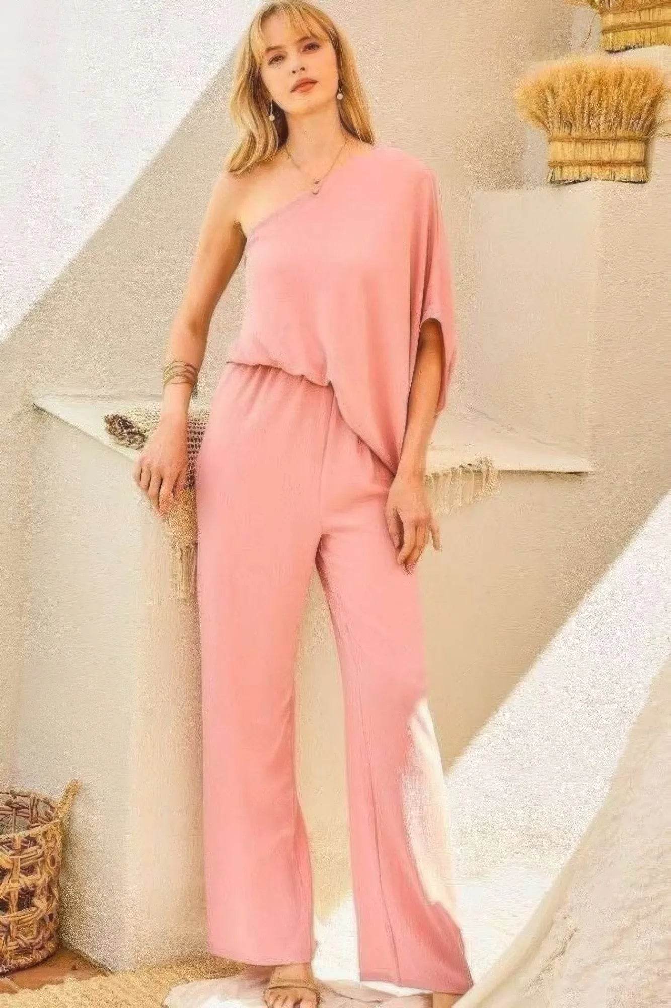 One Shoulder 3/4 Sleeve Unbalanced Waist Elastic Solid Pants Jumpsuit - Bona Fide Fashion