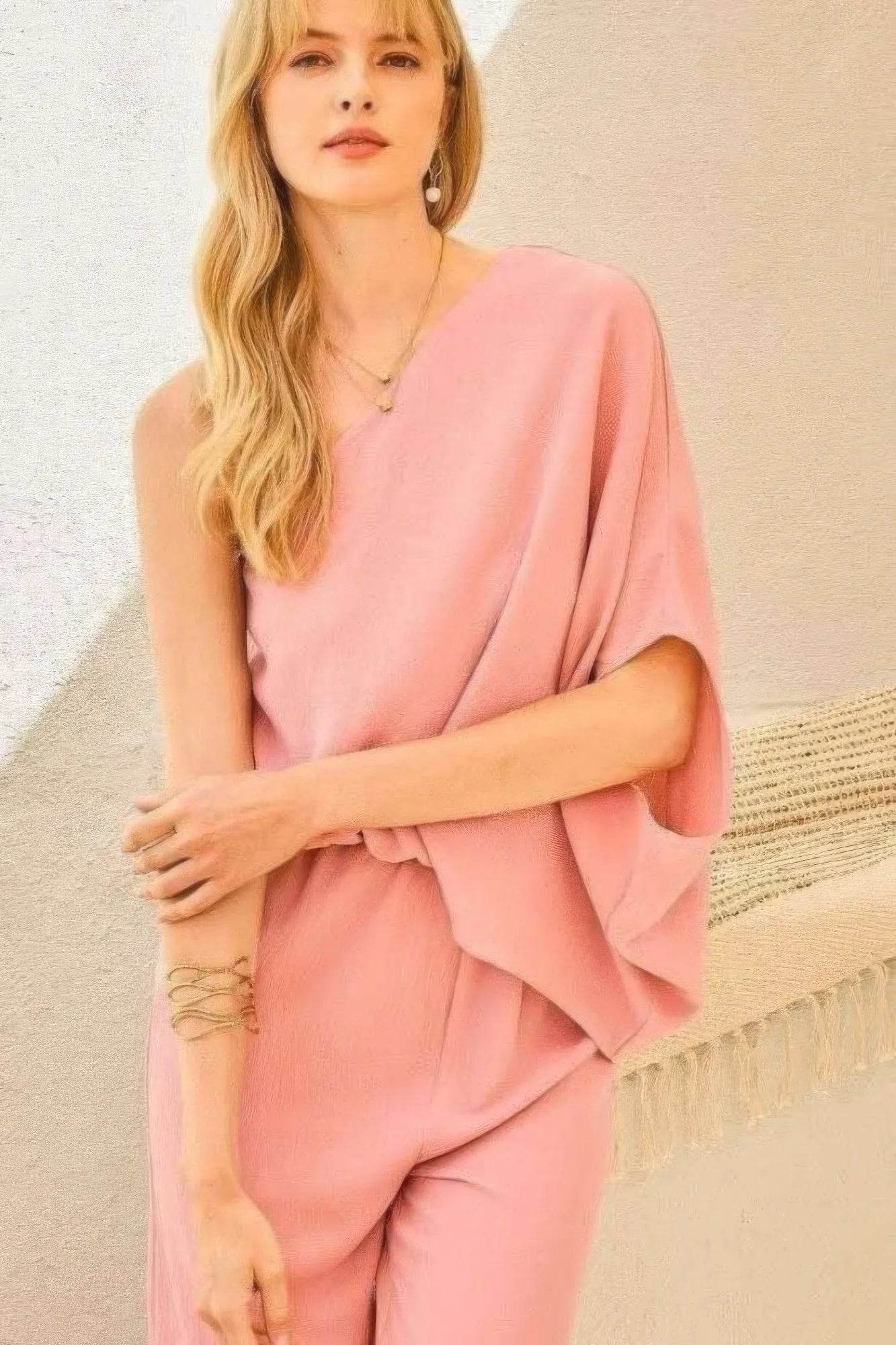One Shoulder 3/4 Sleeve Unbalanced Waist Elastic Solid Pants Jumpsuit - Bona Fide Fashion